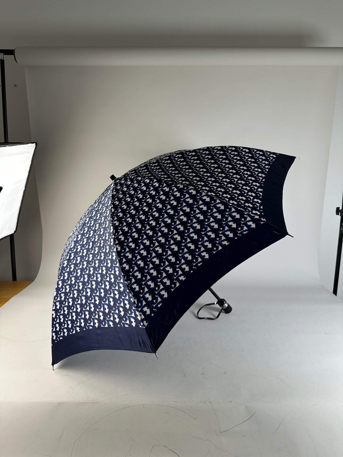 Vintage Dior Oblique Print Umbrella Navy White Gold-Tone Handle