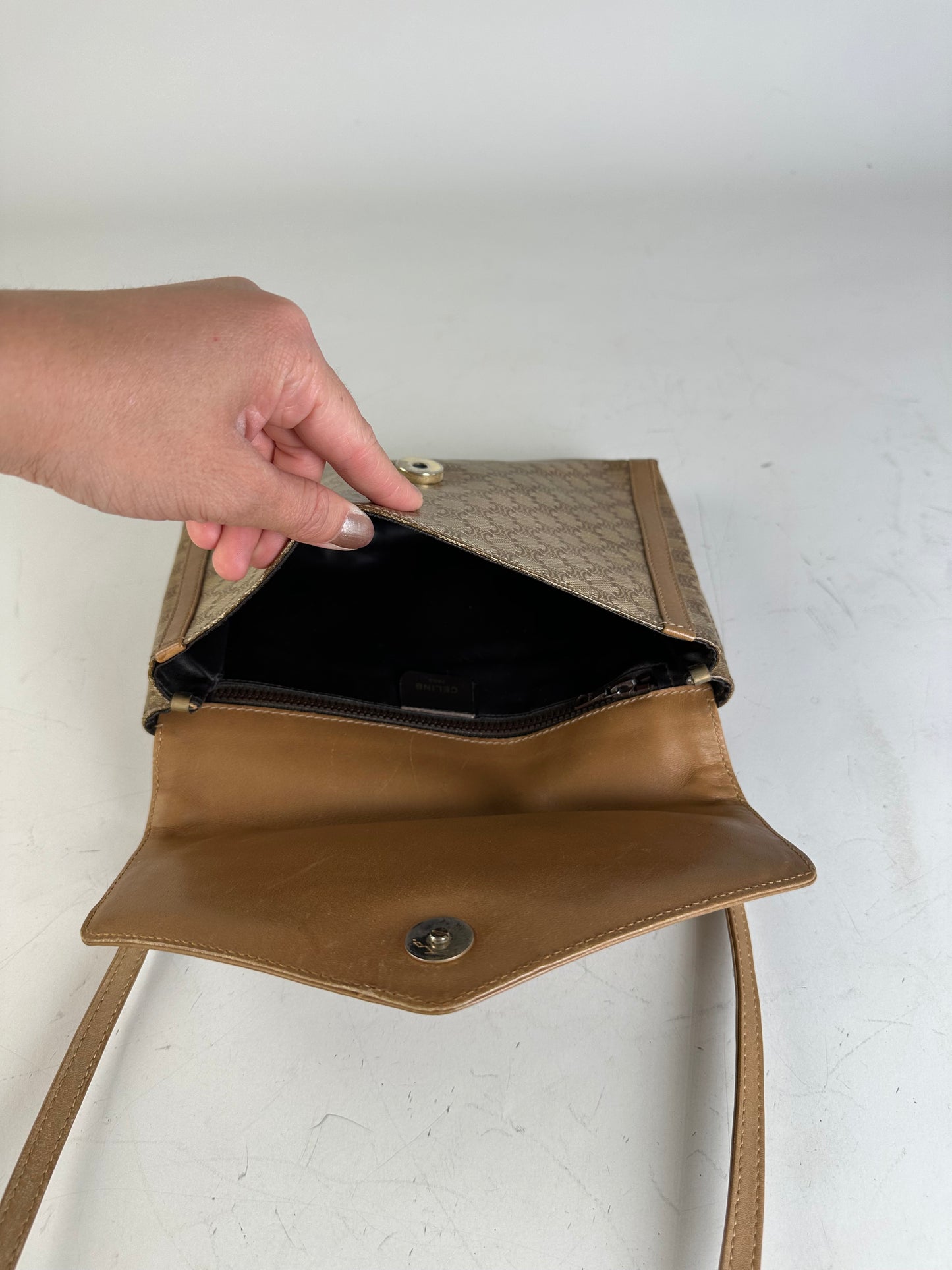 Vintage Celine GG Monogram Canvas Shoulder Bag Tan Brown