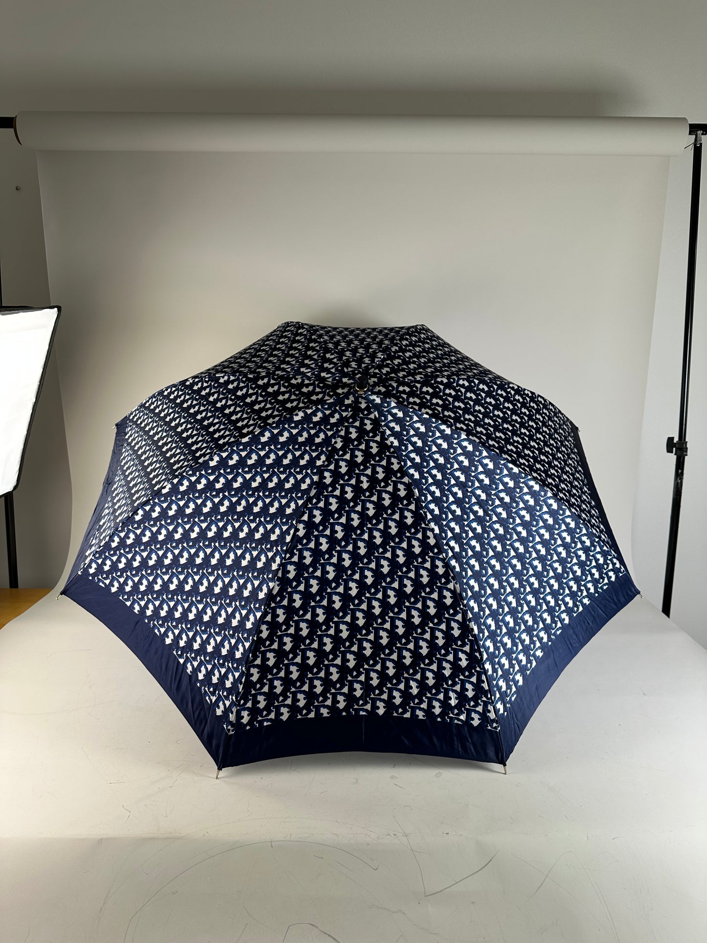 Vintage Dior Oblique Print Umbrella Navy White Gold-Tone Handle