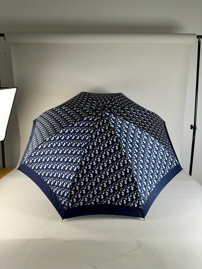 Vintage Dior Oblique Print Umbrella Navy White Gold-Tone Handle