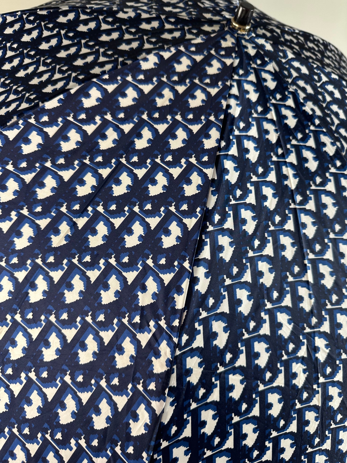 Vintage Dior Oblique Print Umbrella Navy White Gold-Tone Handle