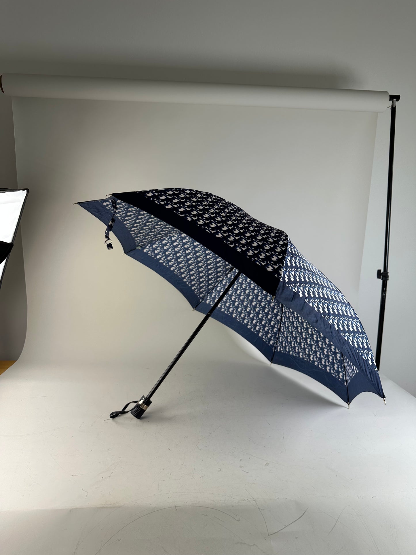 Vintage Dior Oblique Print Umbrella Navy White Gold-Tone Handle