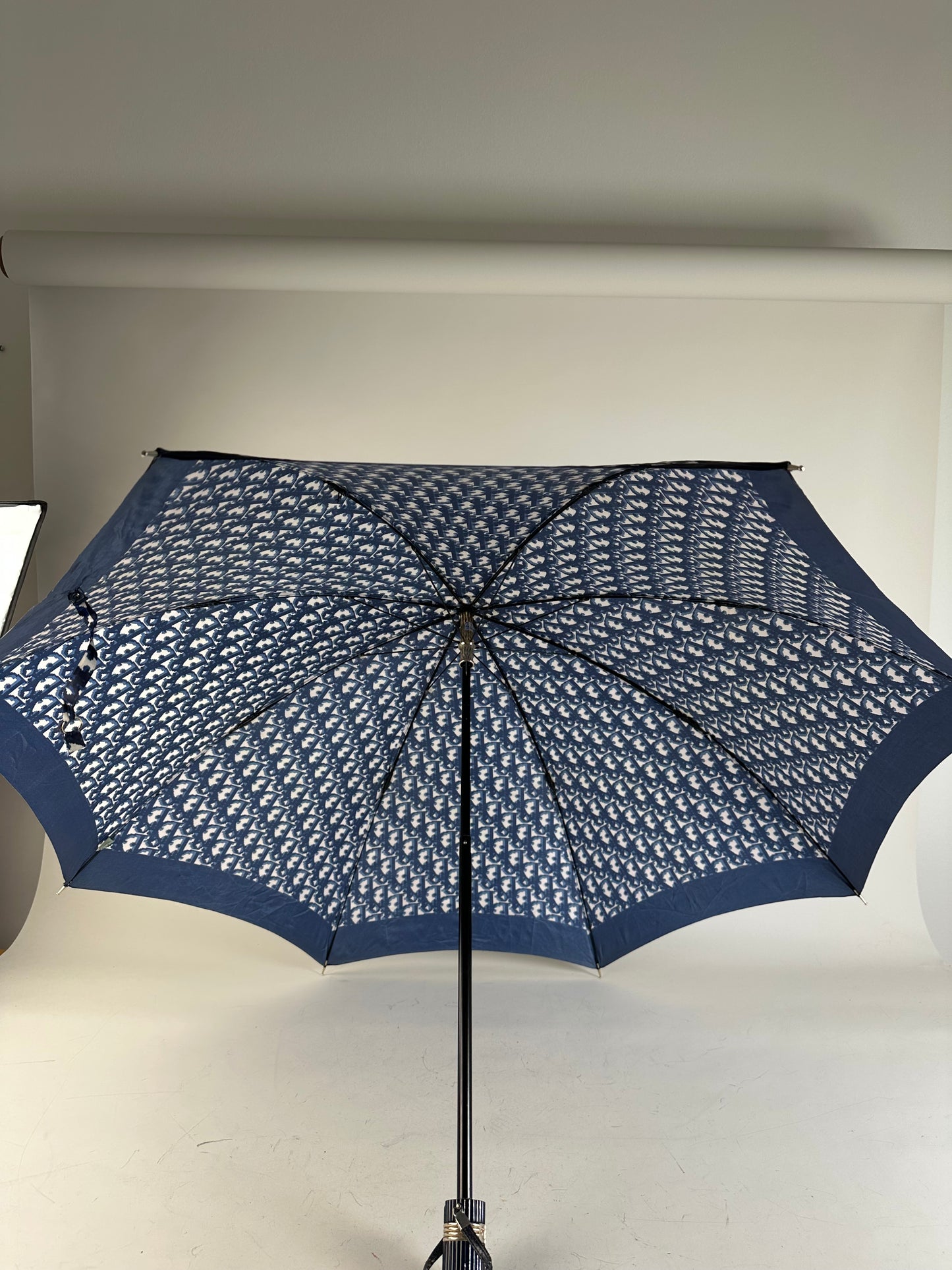 Vintage Dior Oblique Print Umbrella Navy White Gold-Tone Handle