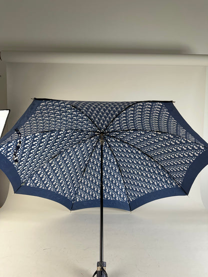 Vintage Dior Oblique Print Umbrella Navy White Gold-Tone Handle