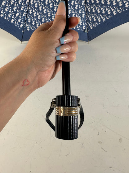 Vintage Dior Oblique Print Umbrella Navy White Gold-Tone Handle