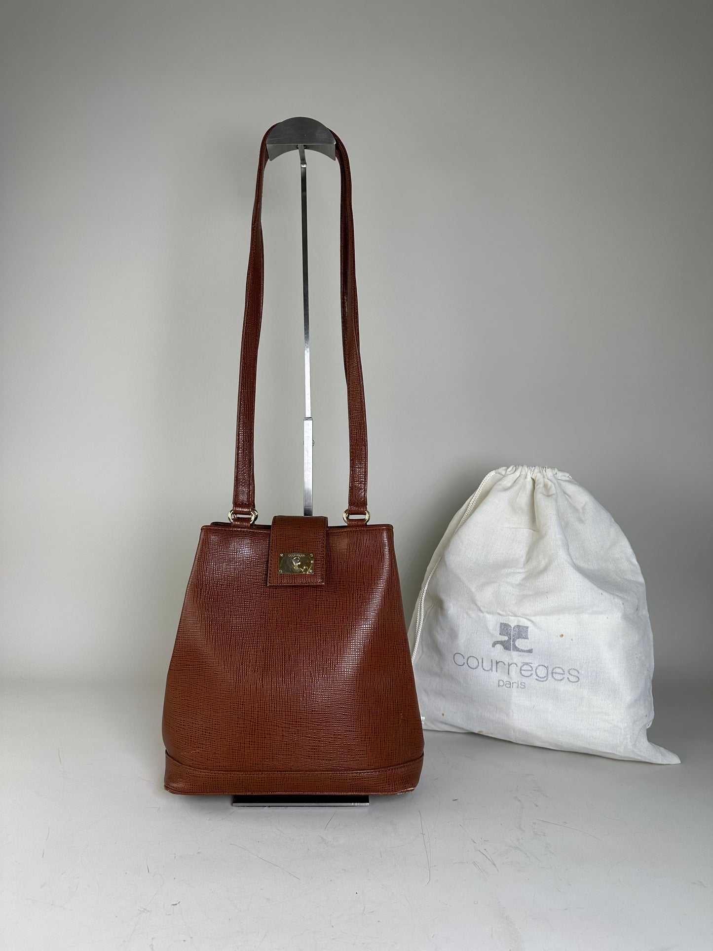 Vintage Courreges Textured Leather Shoulder Bag Rust Gold