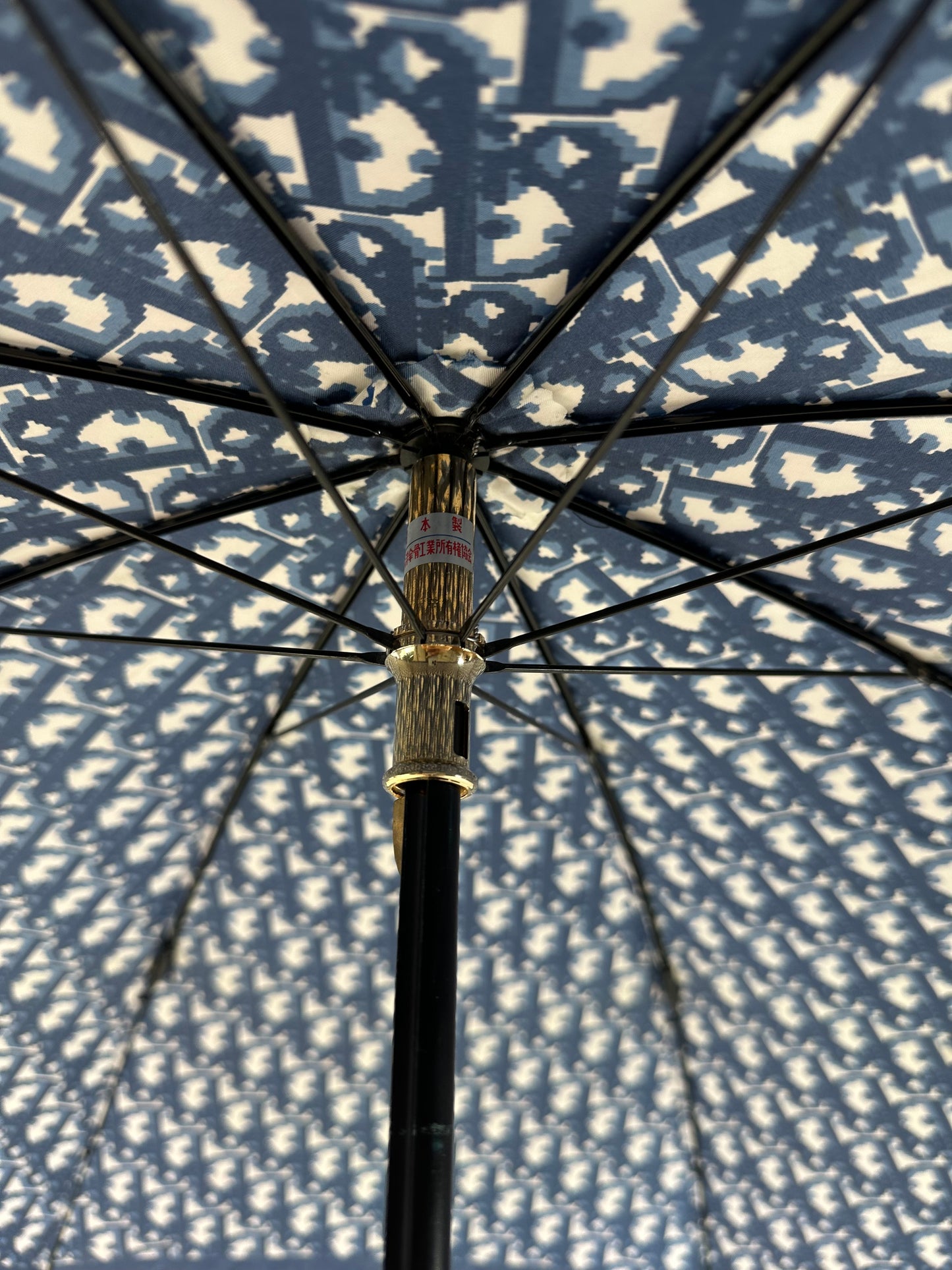 Vintage Dior Oblique Print Umbrella Navy White Gold-Tone Handle
