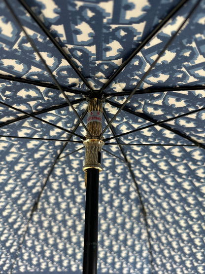 Vintage Dior Oblique Print Umbrella Navy White Gold-Tone Handle