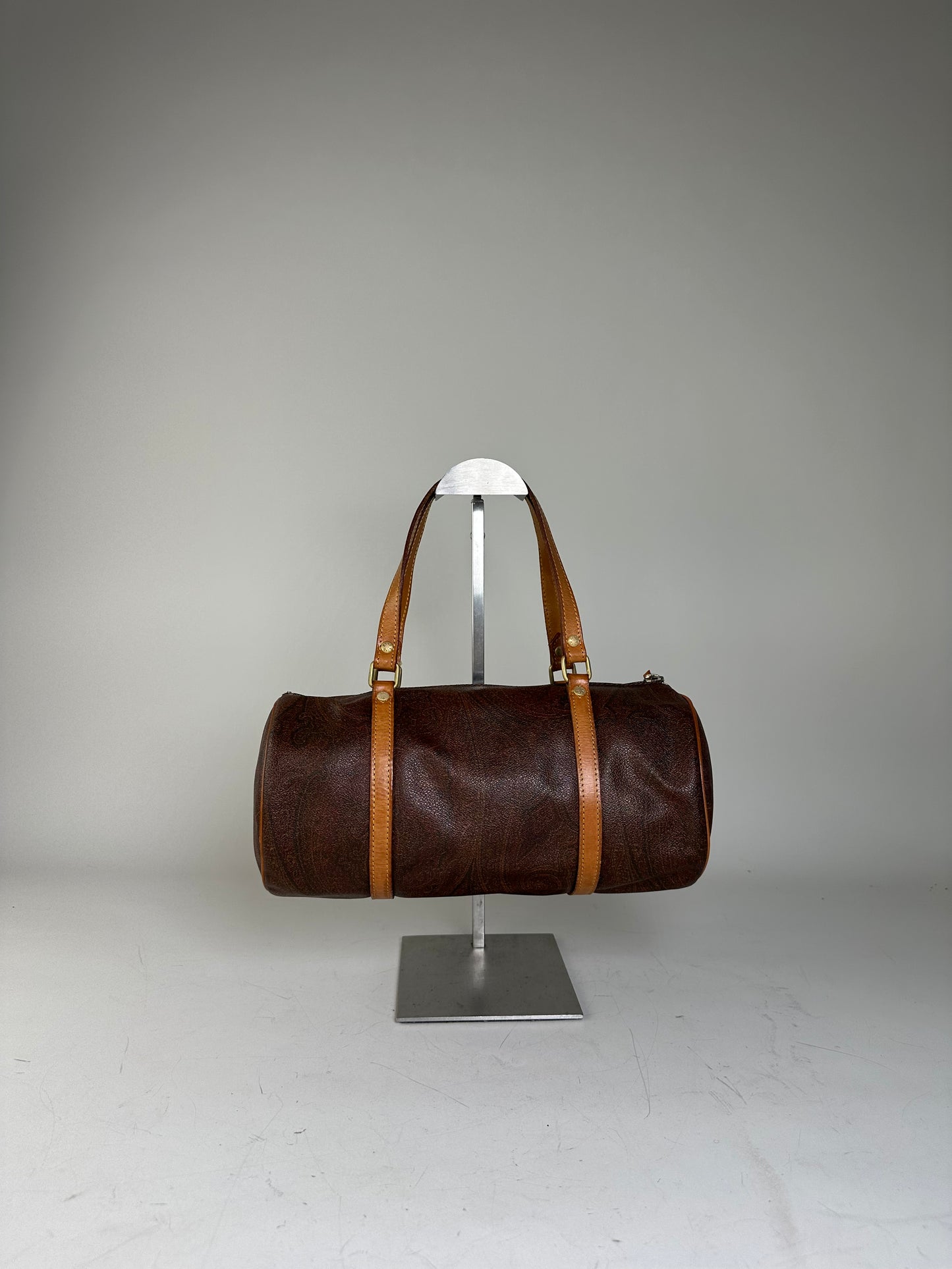 Vintage Etro Patterned Leather Boston Bag Brown Tan