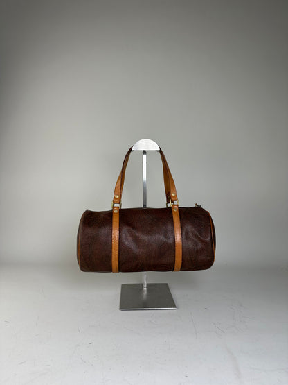 Vintage Etro Patterned Leather Boston Bag Brown Tan