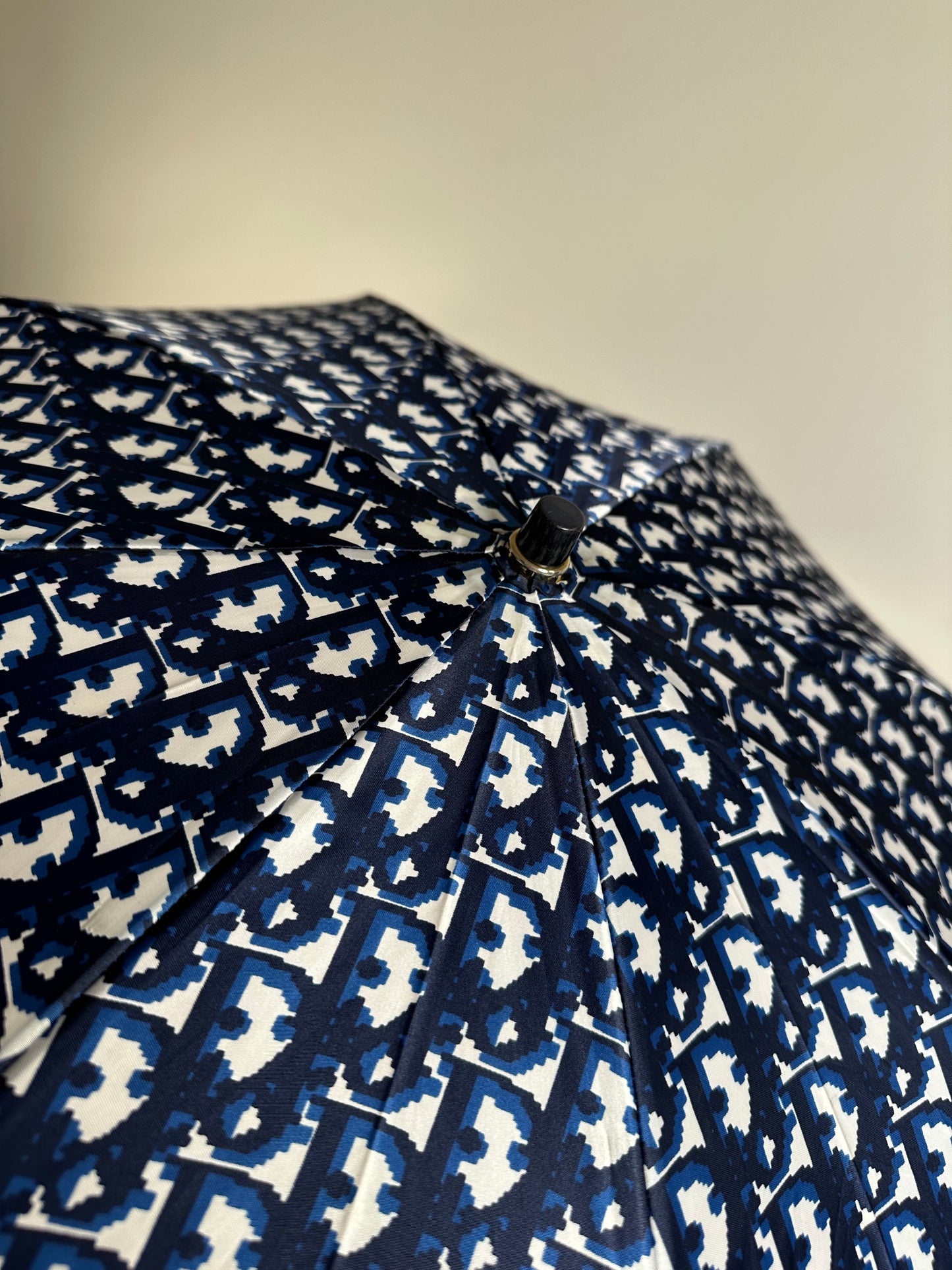 Vintage Dior Oblique Print Umbrella Navy White Gold-Tone Handle