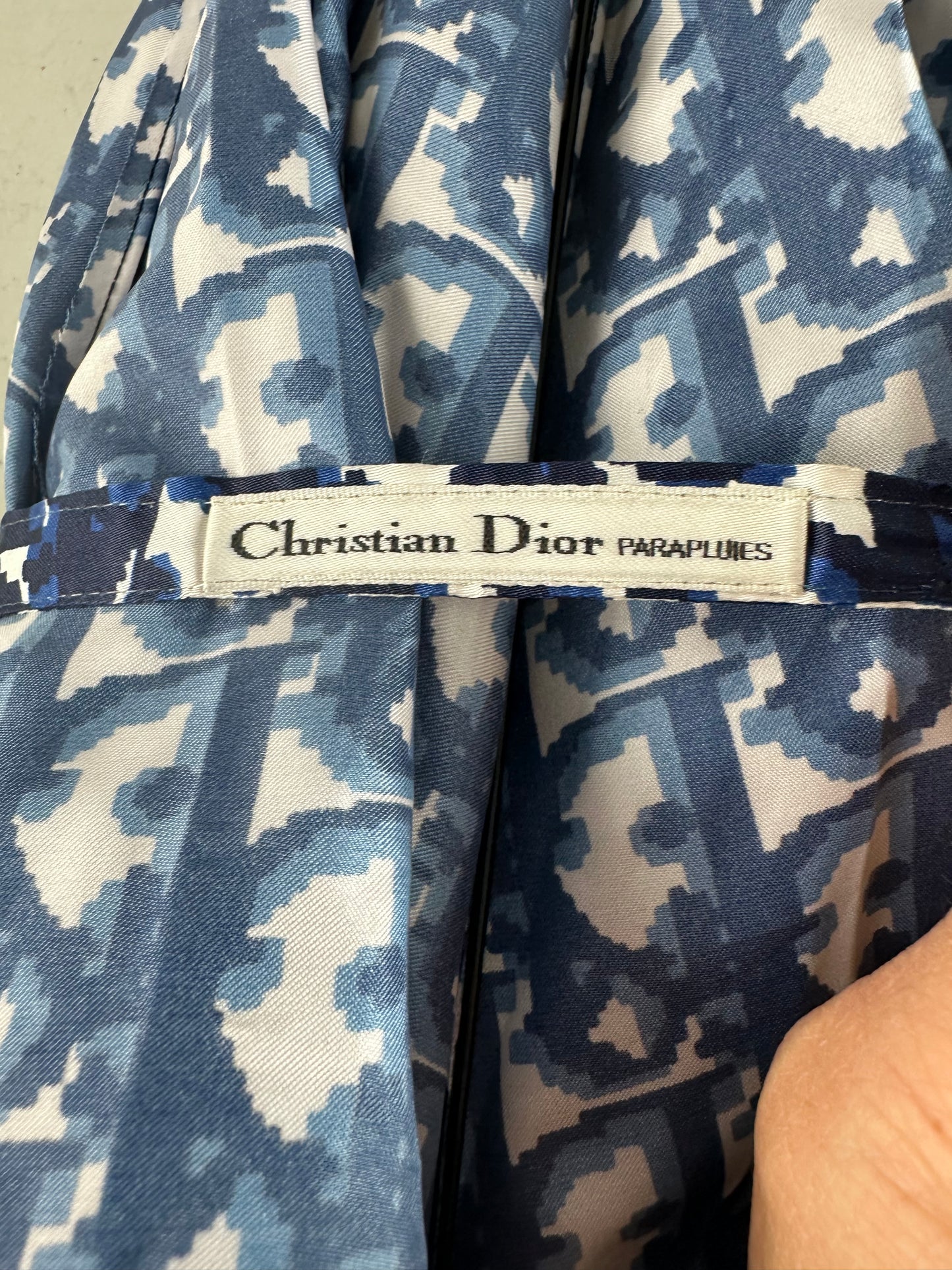 Vintage Dior Oblique Print Umbrella Navy White Gold-Tone Handle