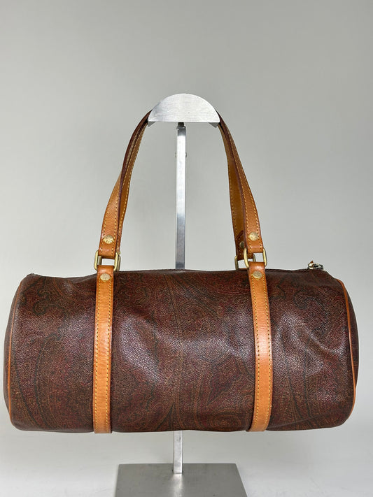 Vintage Etro Patterned Leather Boston Bag Brown Tan