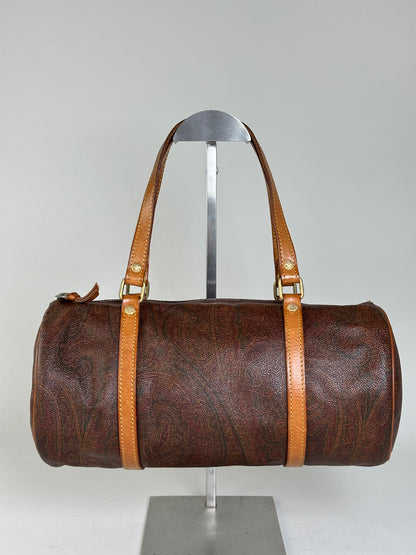 Vintage Etro Patterned Leather Boston Bag Brown Tan