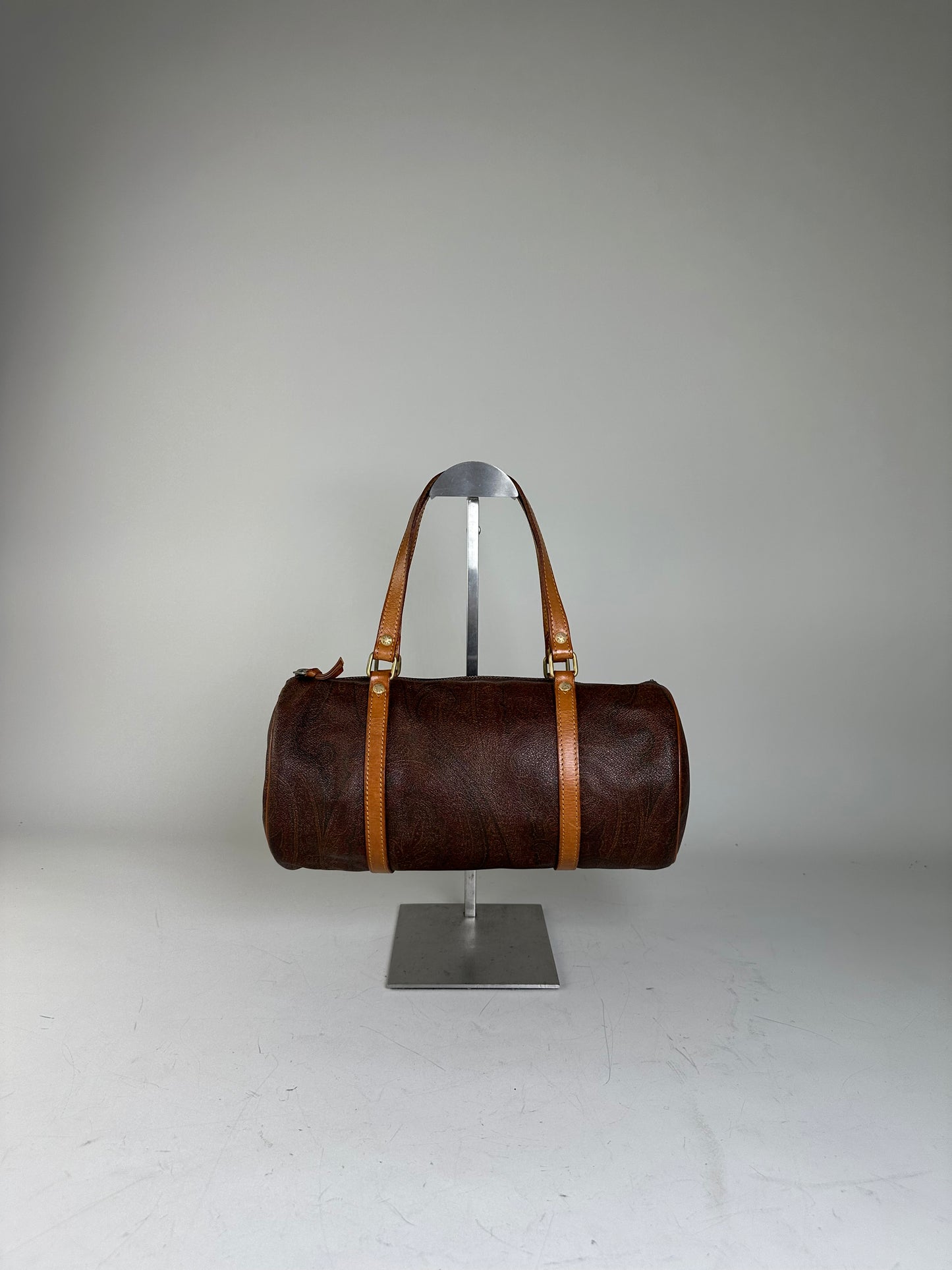 Vintage Etro Patterned Leather Boston Bag Brown Tan