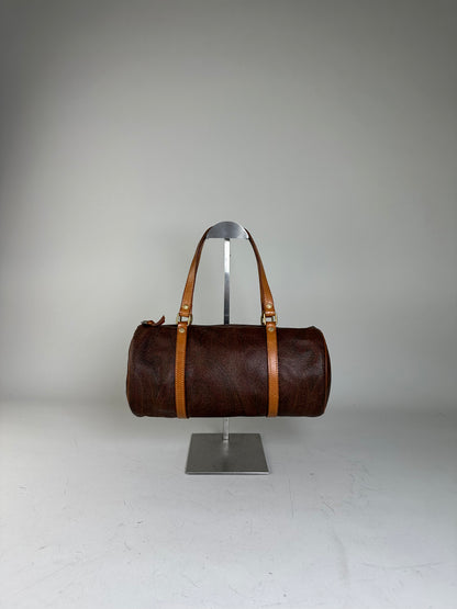 Vintage Etro Patterned Leather Boston Bag Brown Tan