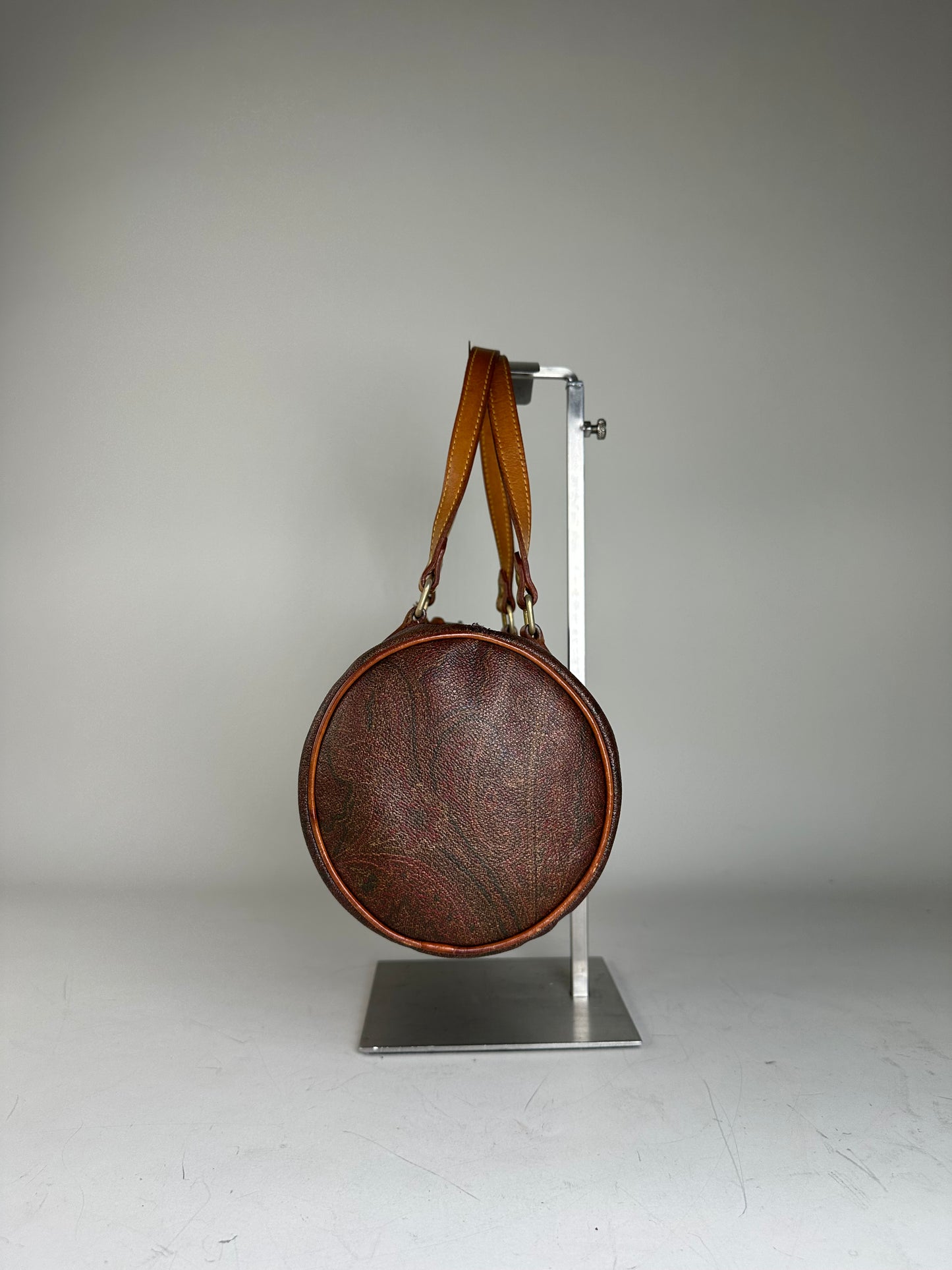 Vintage Etro Patterned Leather Boston Bag Brown Tan
