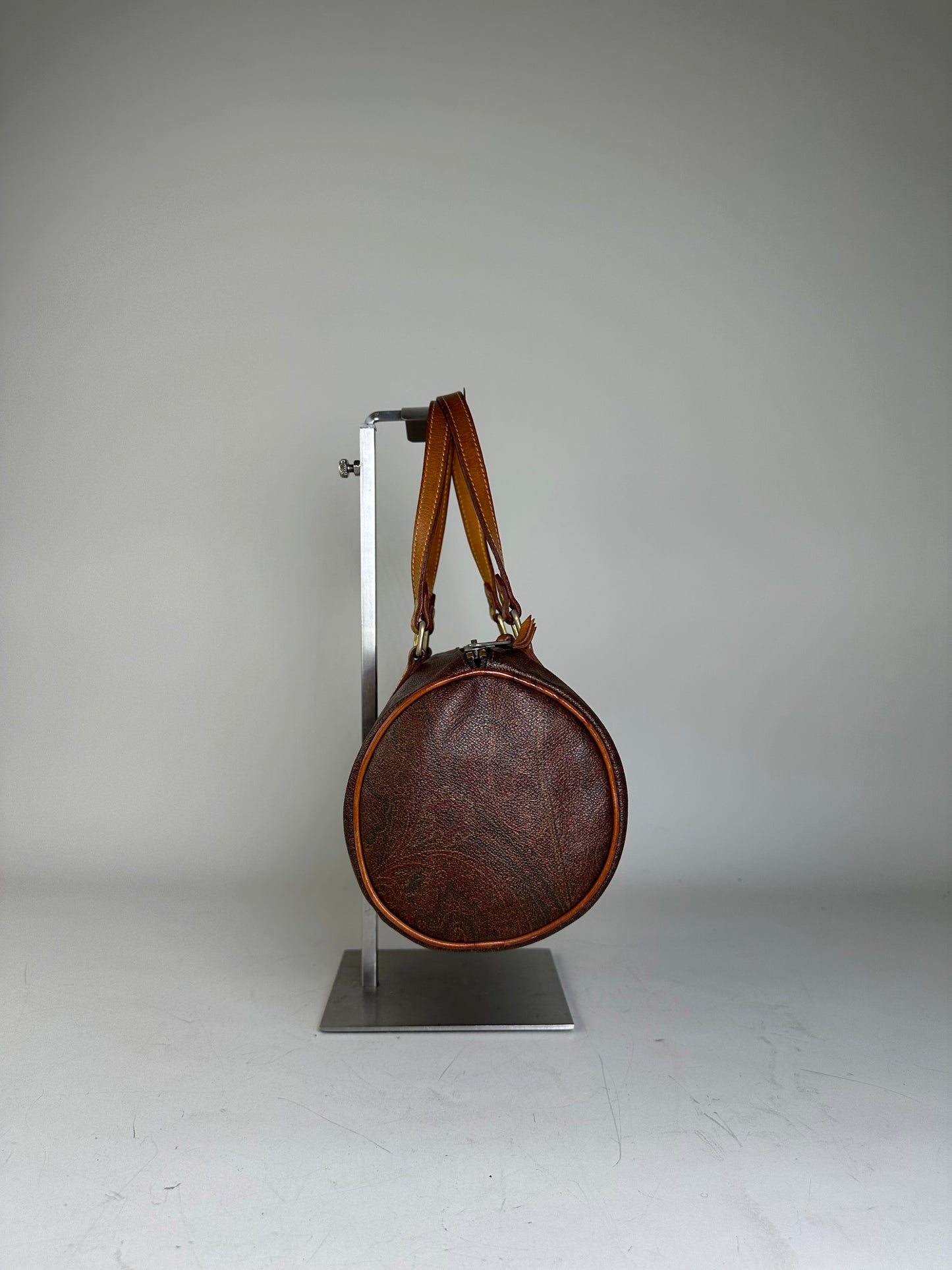 Vintage Etro Patterned Leather Boston Bag Brown Tan