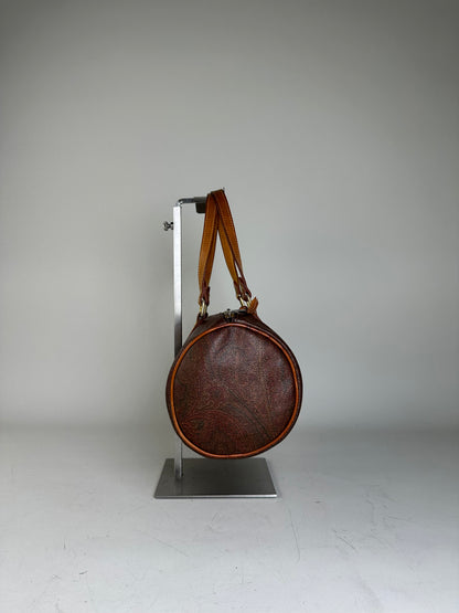 Vintage Etro Patterned Leather Boston Bag Brown Tan