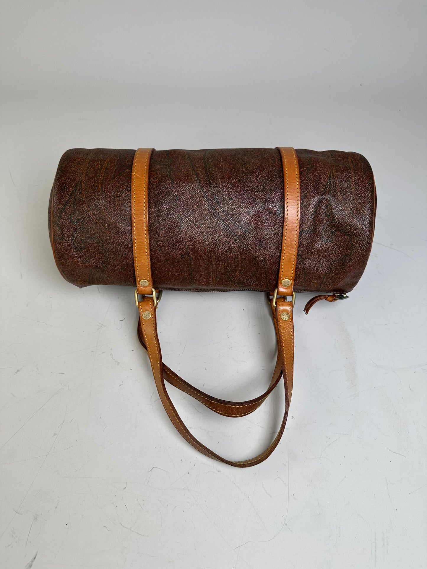 Vintage Etro Patterned Leather Boston Bag Brown Tan