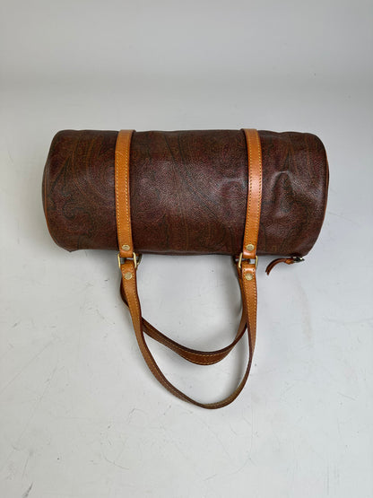 Vintage Etro Patterned Leather Boston Bag Brown Tan