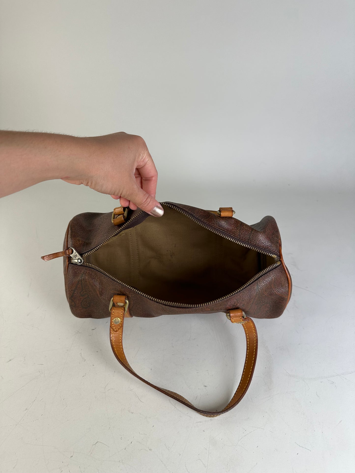 Vintage Etro Patterned Leather Boston Bag Brown Tan