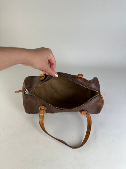 Vintage Etro Patterned Leather Boston Bag Brown Tan