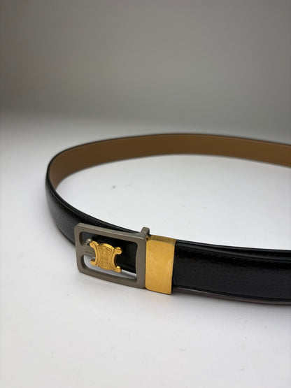 Vintage Celine Triomphe Grained Leather Belt Late 1980s Black Gold (Copy)