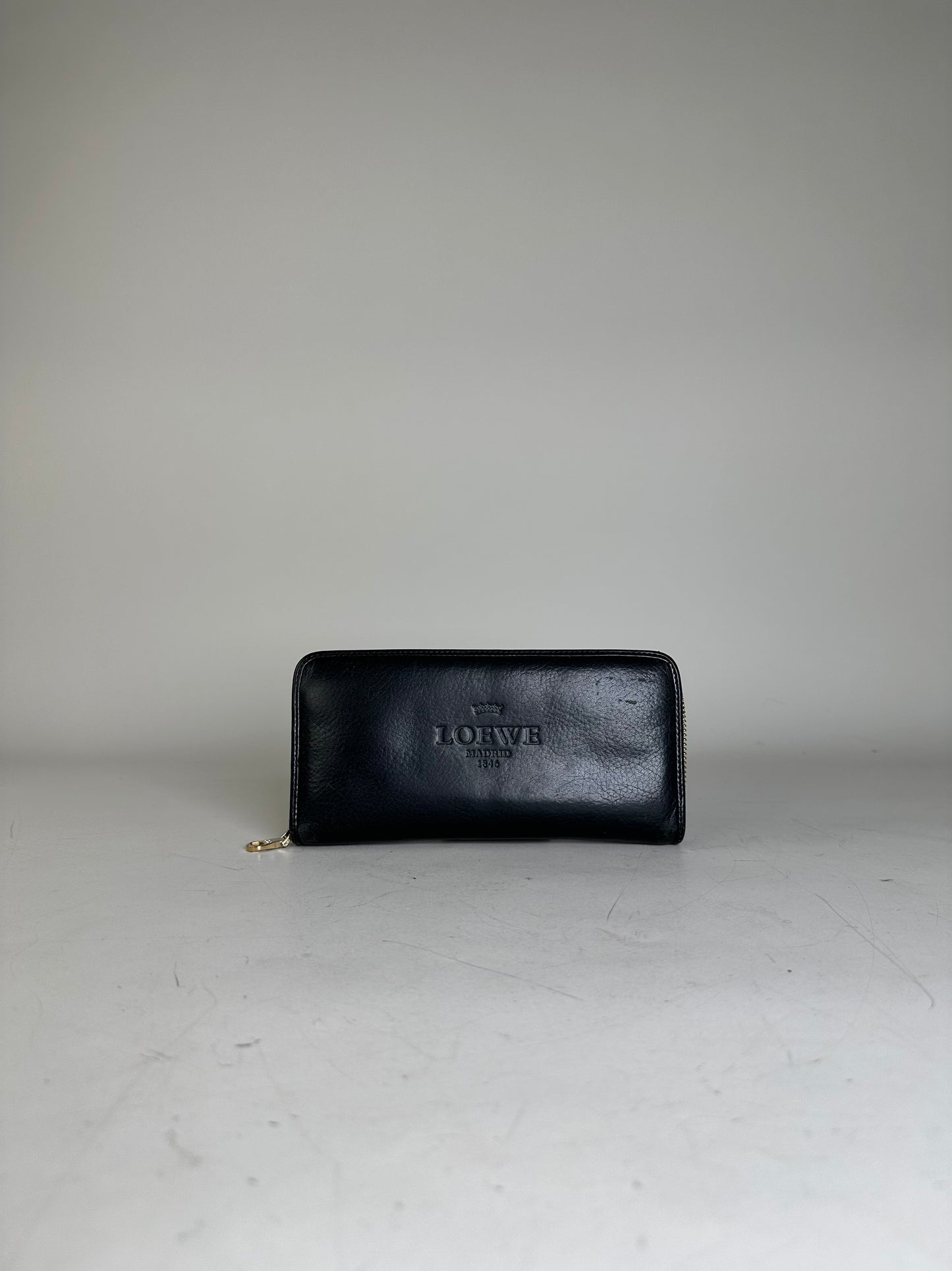 Vintage Loewe Textured Leather Wallet Black Gold Zip