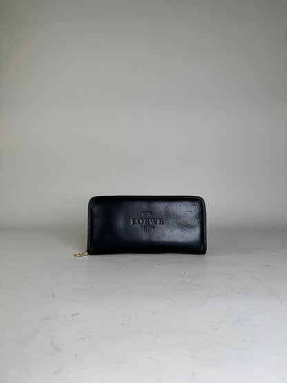 Vintage Loewe Textured Leather Wallet Black Gold Zip