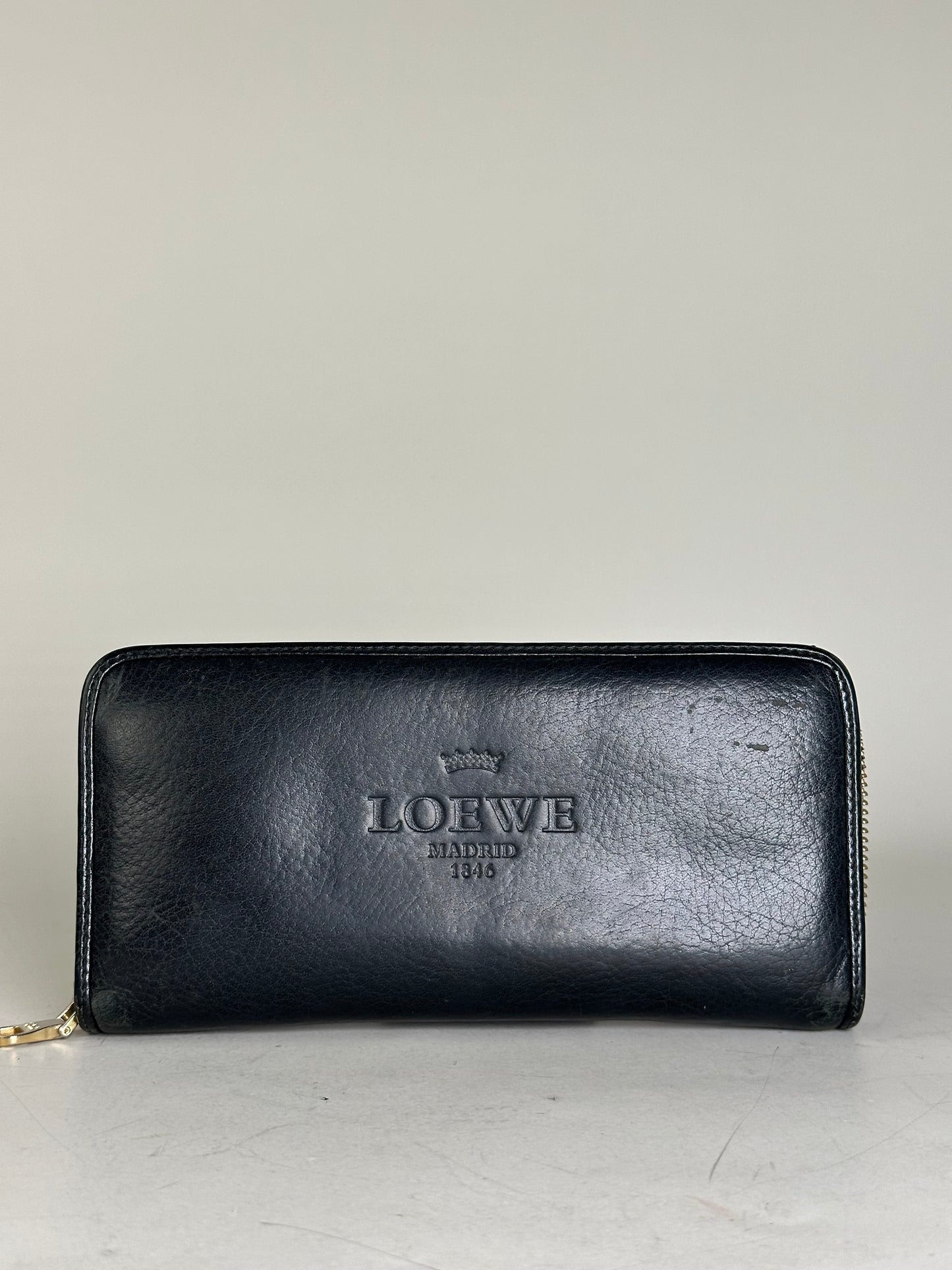 Vintage Loewe Textured Leather Wallet Black Gold Zip