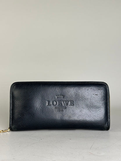 Vintage Loewe Textured Leather Wallet Black Gold Zip