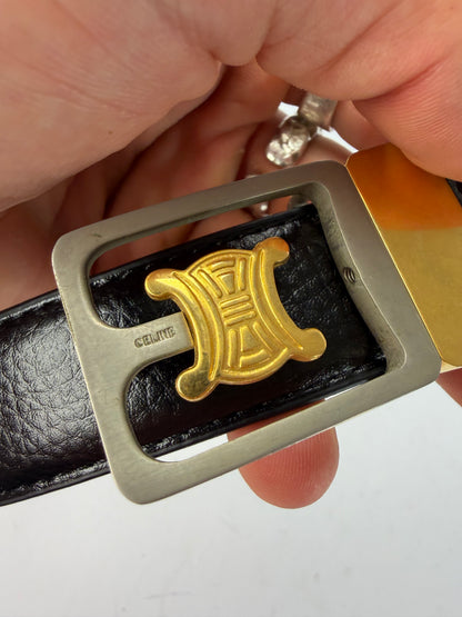 Vintage Celine Triomphe Grained Leather Belt Late 1980s Black Gold (Copy)