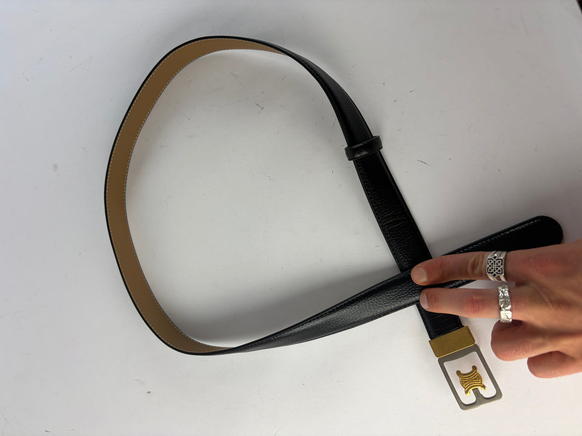Vintage Celine Triomphe Grained Leather Belt Late 1980s Black Gold (Copy)