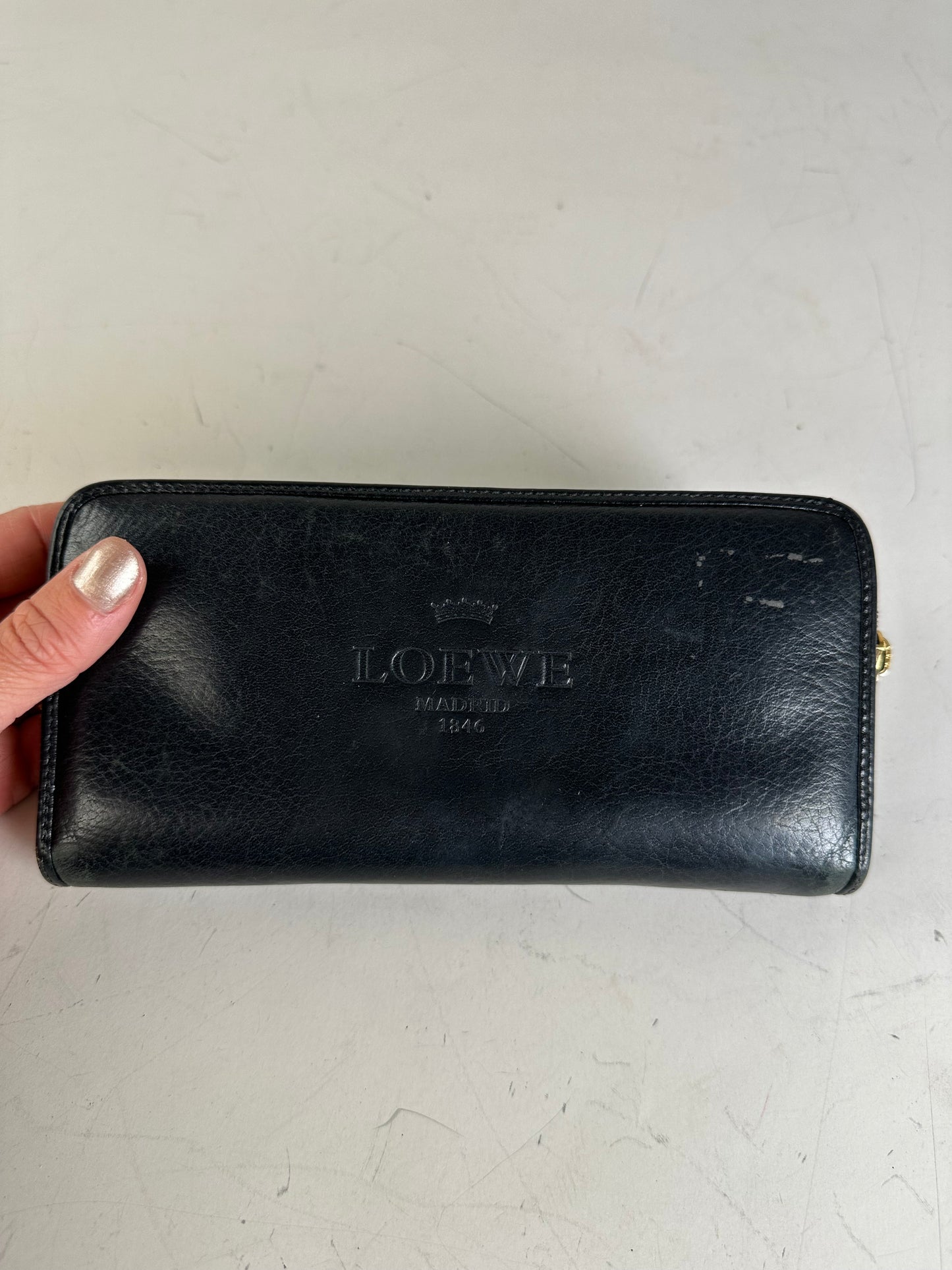 Vintage Loewe Textured Leather Wallet Black Gold Zip