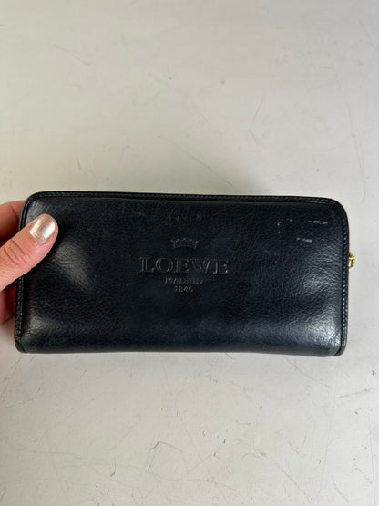 Vintage Loewe Textured Leather Wallet Black Gold Zip
