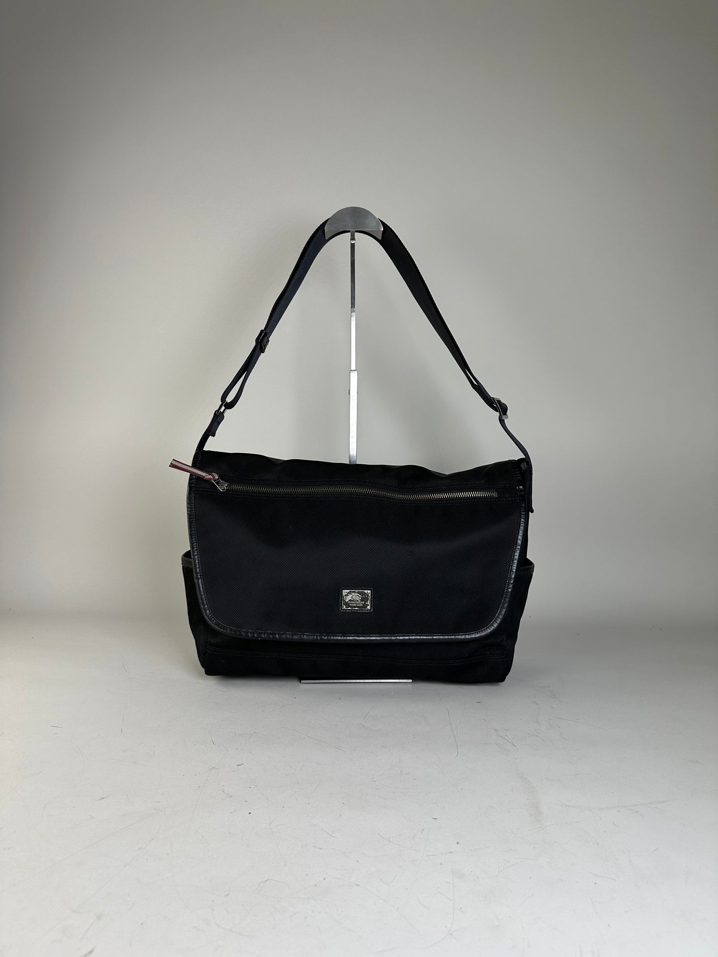 Vintage Burberry Nylon Shoulder Bag Black Silver