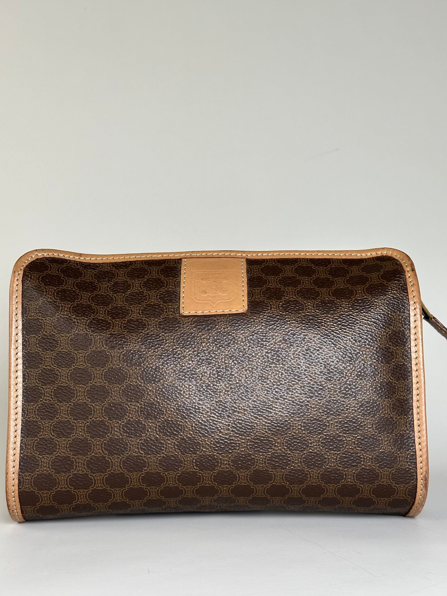 Vintage Celine Macadam Canvas Clutch Bag Brown Tan Gold