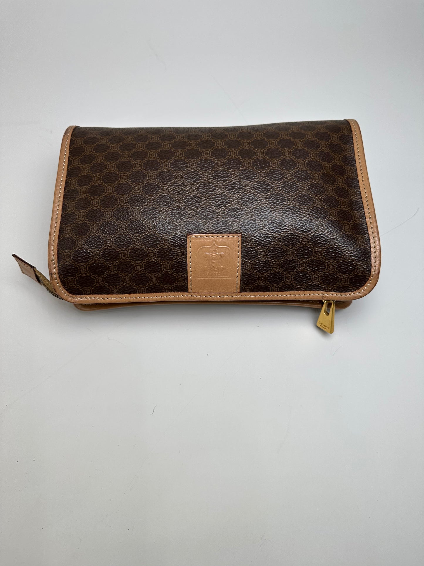 Vintage Celine Macadam Canvas Clutch Bag Brown Tan Gold