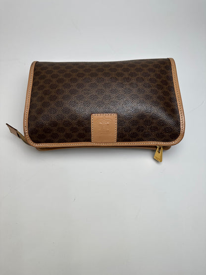 Vintage Celine Macadam Canvas Clutch Bag Brown Tan Gold
