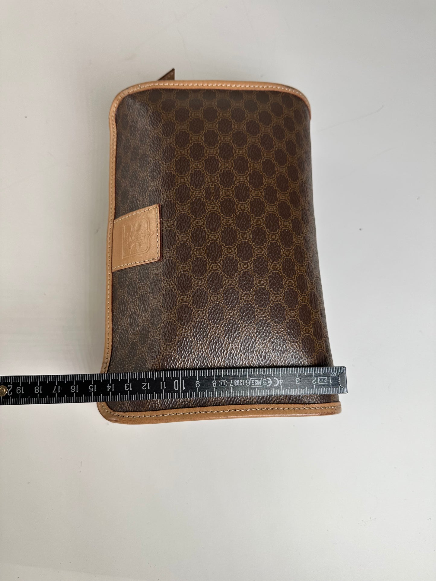 Vintage Celine Macadam Canvas Clutch Bag Brown Tan Gold