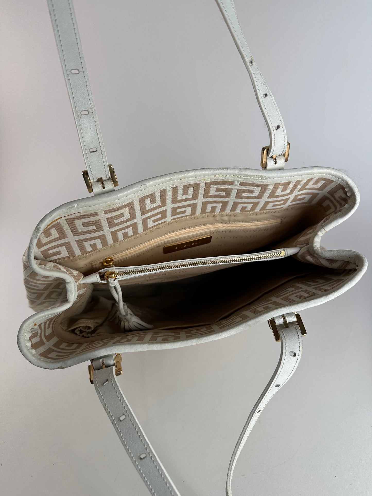 Vintage Givenchy Monogram Leather Canvas Bag White Gold