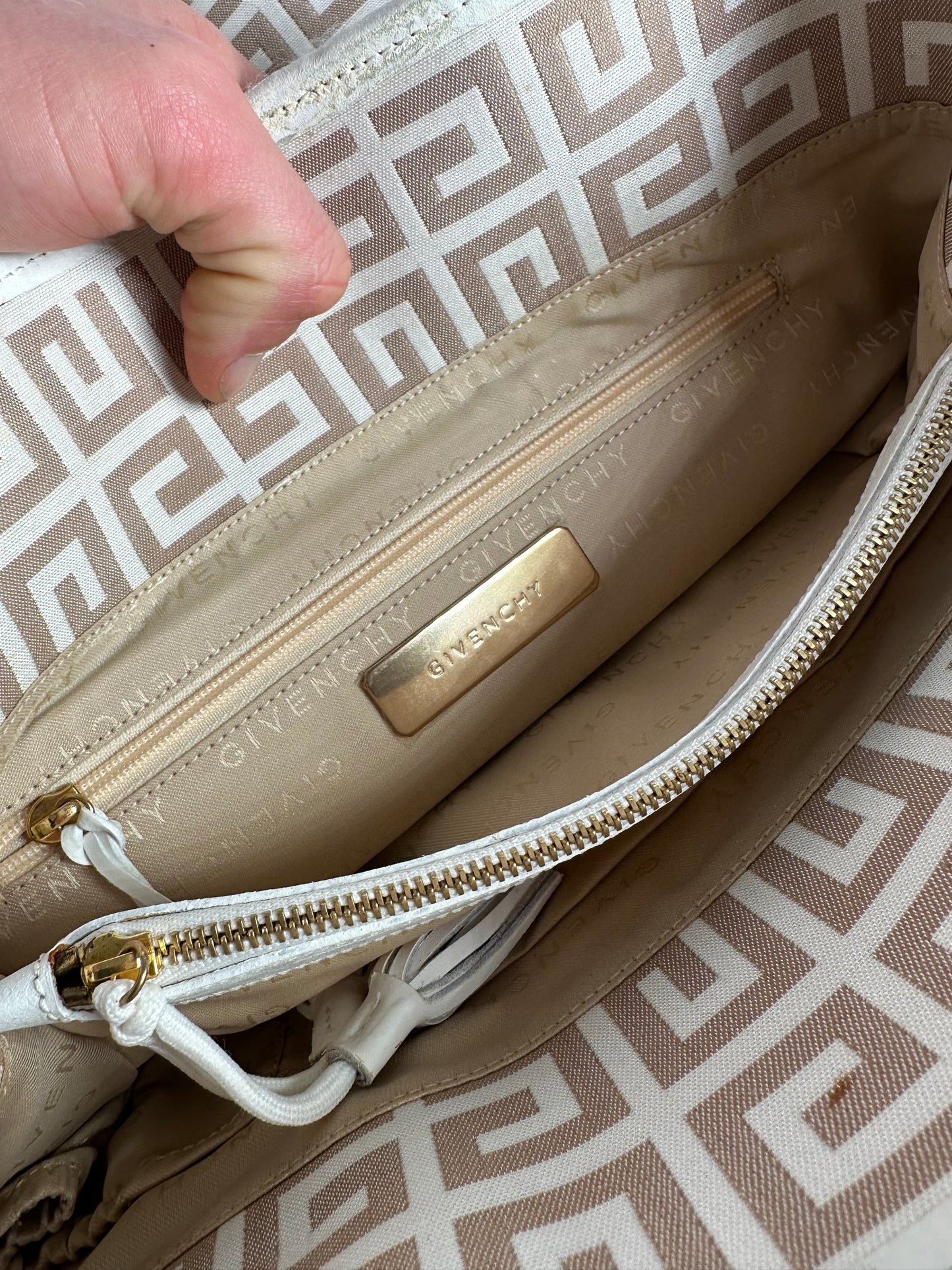 Vintage Givenchy Monogram Leather Canvas Bag White Gold