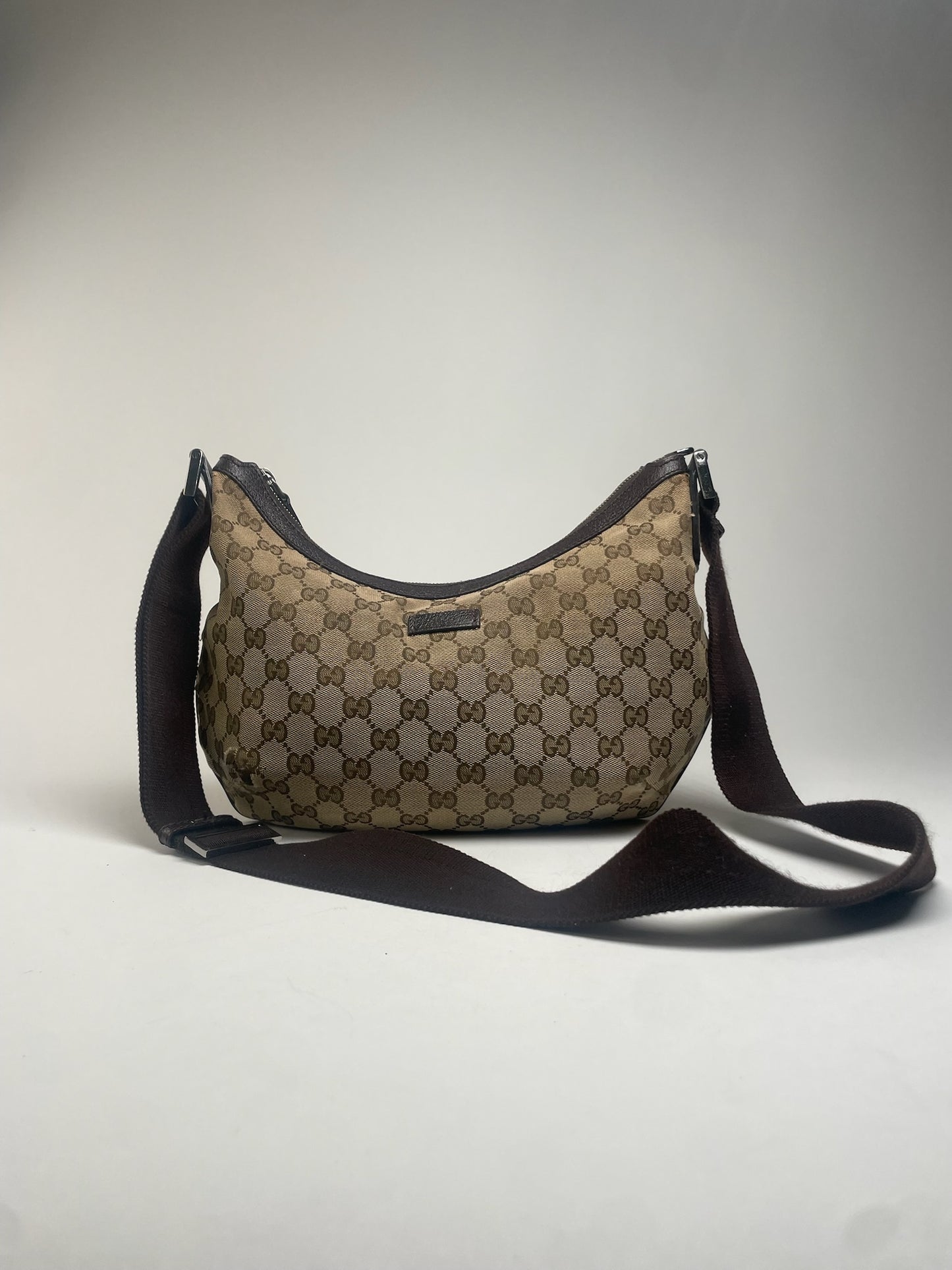 Vintage Gucci Monogram Croissant Shoulder Bag Beige Brown