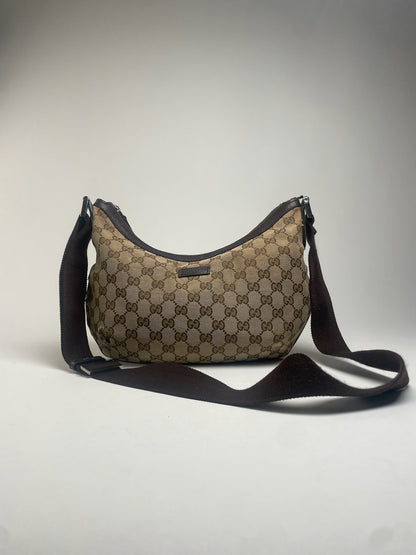 Vintage Gucci Monogram Croissant Shoulder Bag Beige Brown