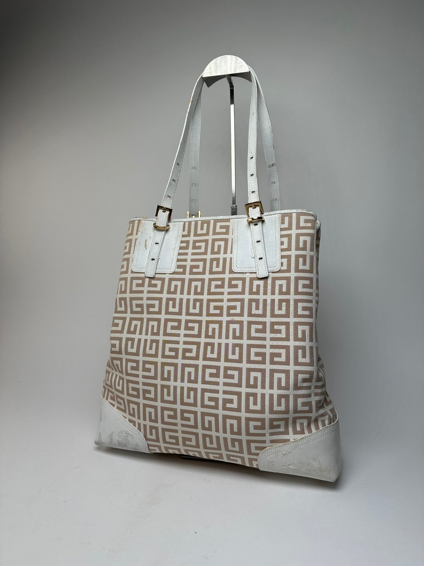 Vintage Givenchy Monogram Leather Canvas Bag White Gold