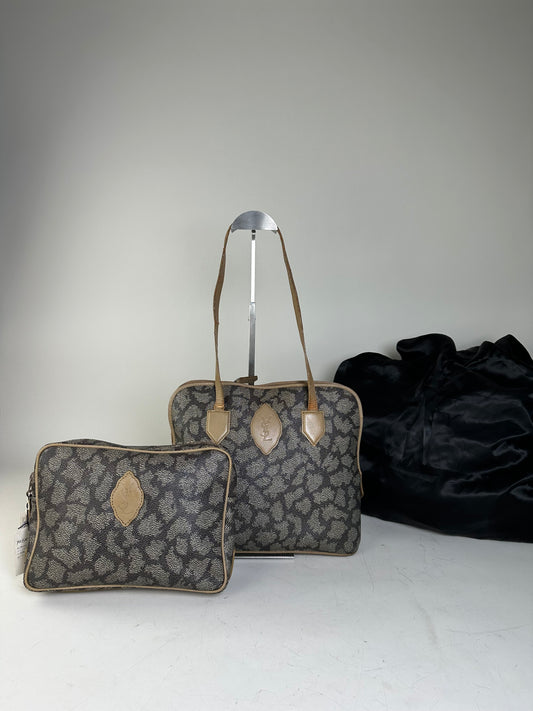 Vintage Yves Saint Laurent Canvas Leather Trim Tote Black Grey