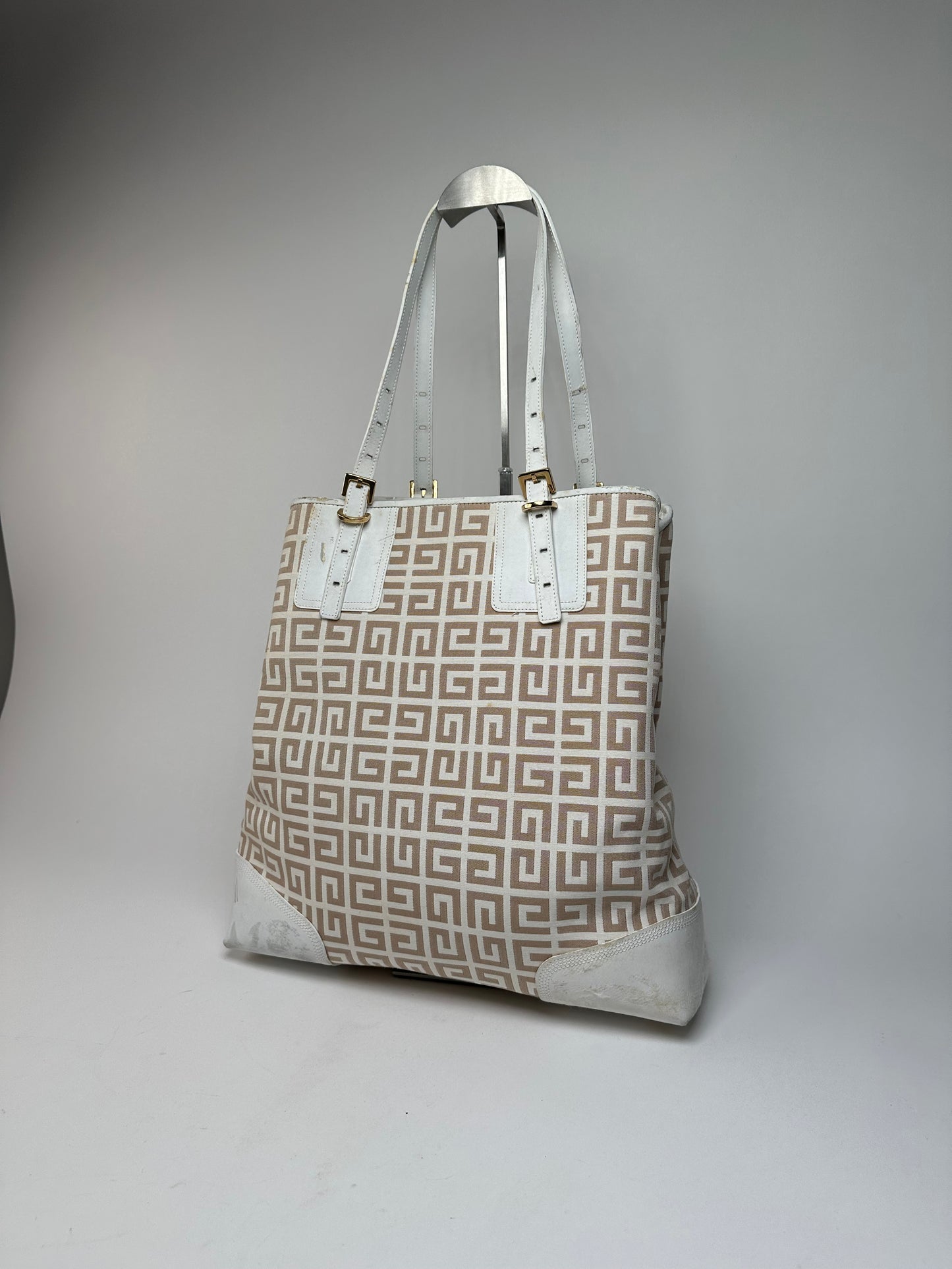Vintage Givenchy Monogram Leather Canvas Bag White Gold