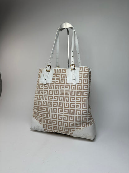 Vintage Givenchy Monogram Leather Canvas Bag White Gold