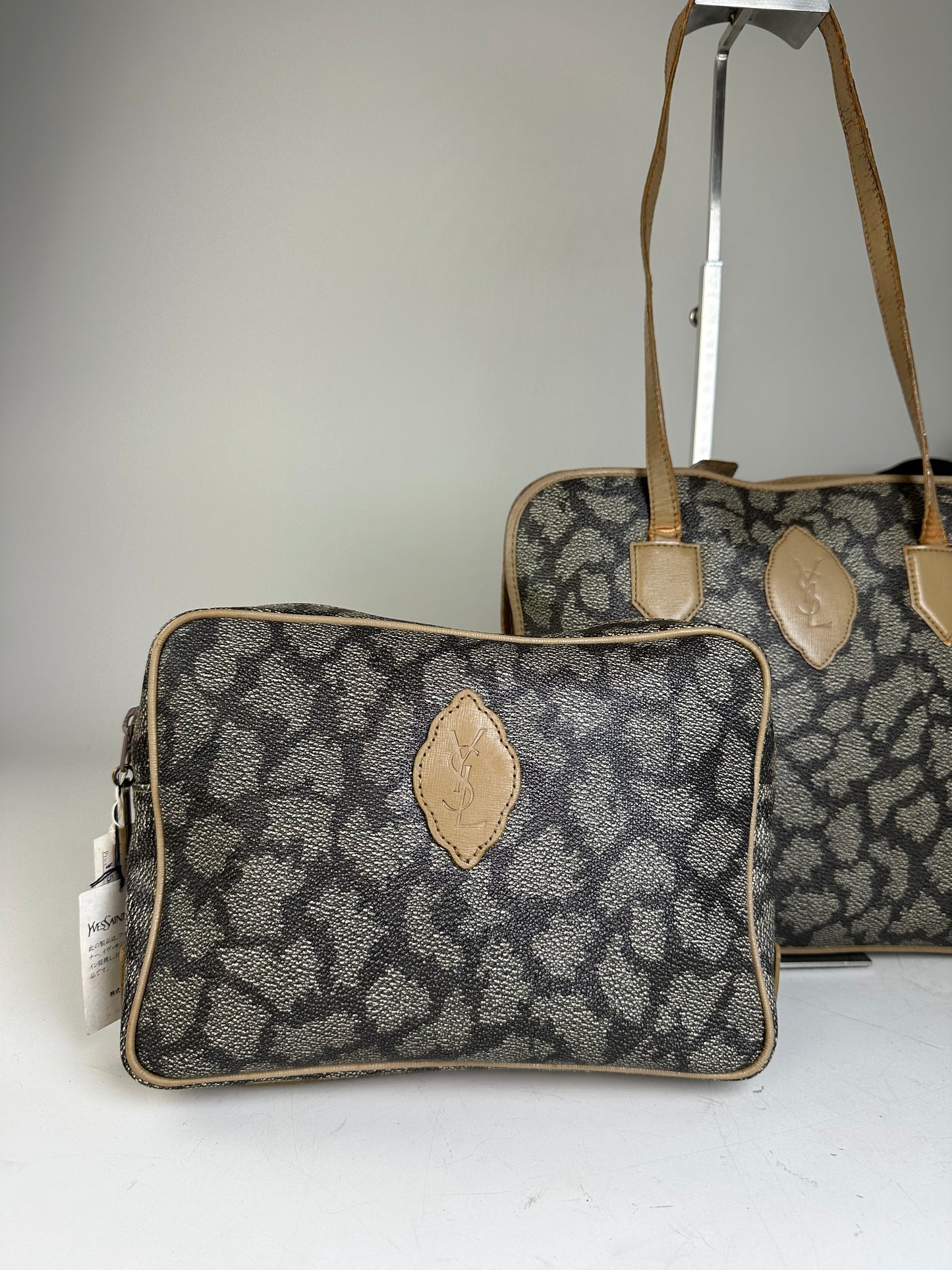 Vintage Yves Saint Laurent Canvas Leather Trim Tote Black Grey